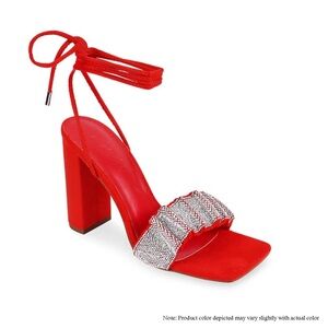 RHINESTONE LACE UP CHUNKY HEEL SANDALS, RHINESTONE DETAIL OPEN TOE